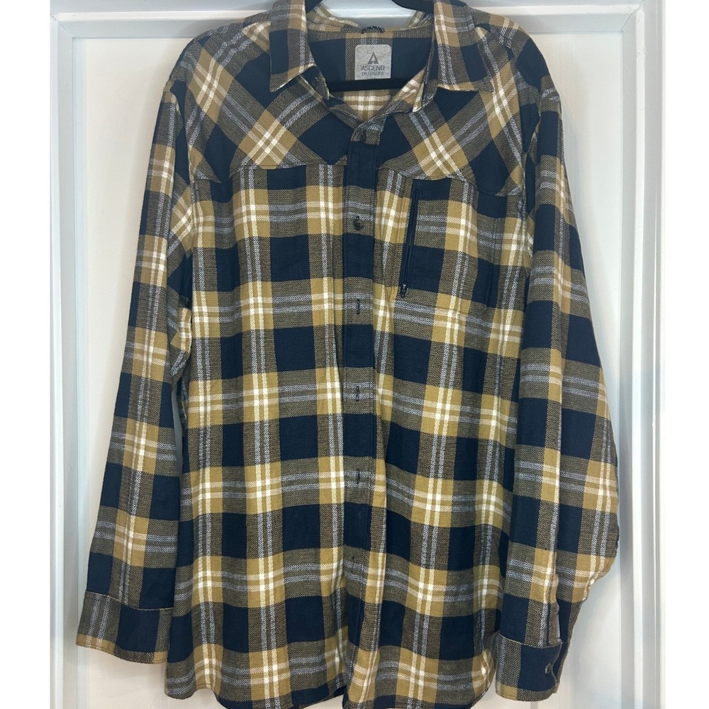 Ascend Mens 2XL‎ Plaid Flannel Button Down Shirt Navy Yellow Stretch Zip Pocket